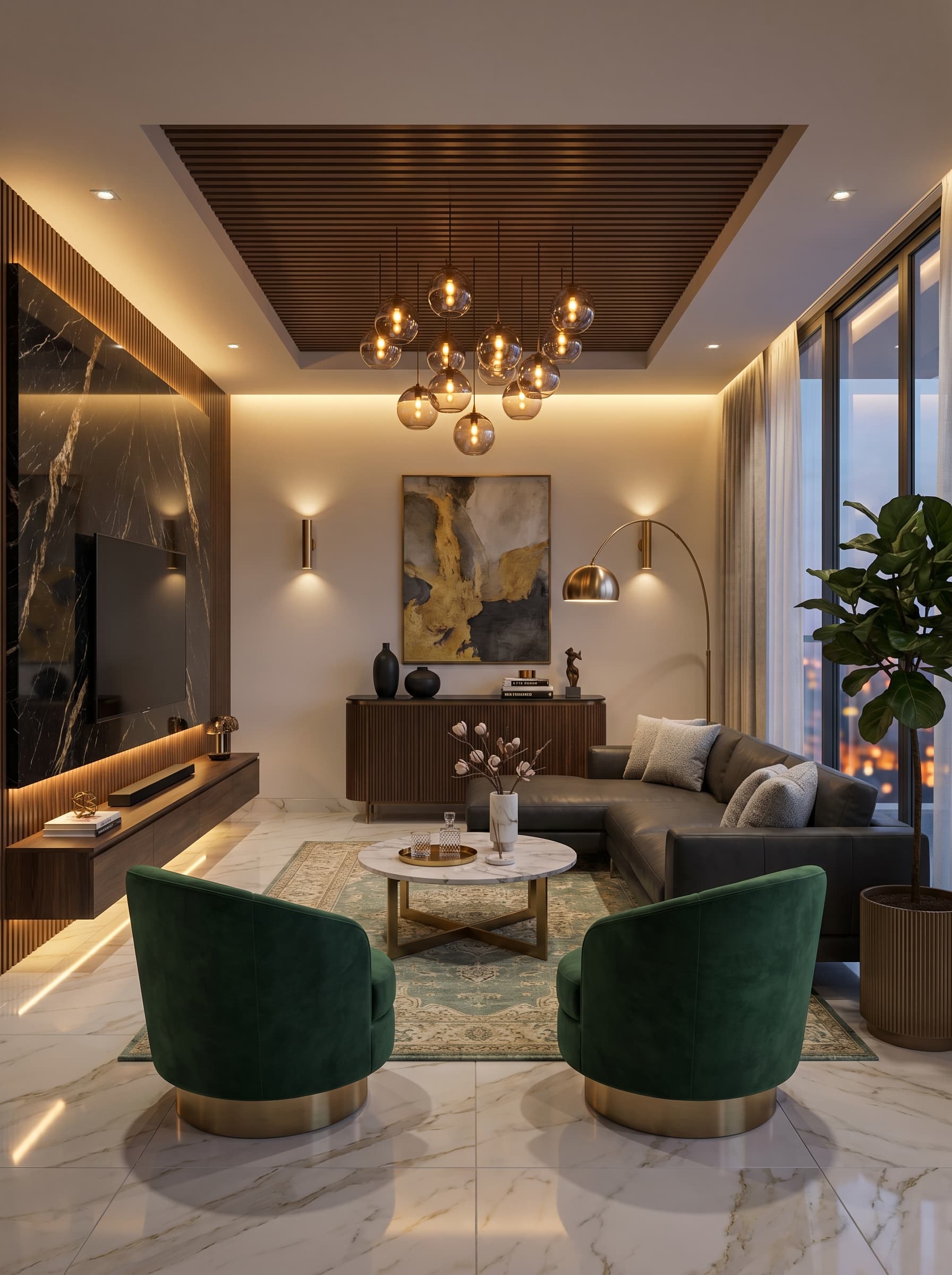 Phòng khách luxury tone warm — nội thất trọn gói Newhomes Ocean Park